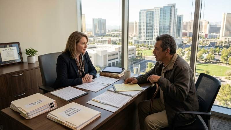 Disability benefits lawyer in Las Vegas helping a claimant prepare a disability appeal