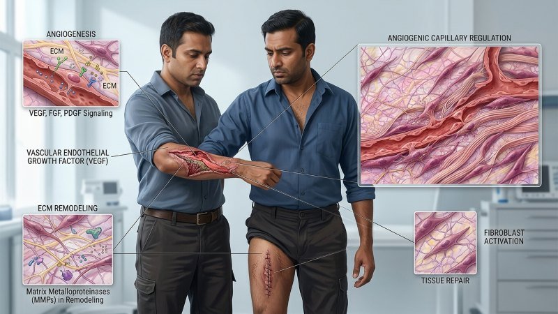 Scientific illustration of tissue repair showing new blood capillaries, fibroblast cells, and collagen fibers within regenerating connective tissue.