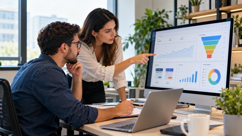 Digital marketing agency professionals reviewing website conversion analytics and A/B testing results on a desktop monitor.