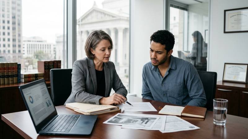 Criminal defense attorney reviewing evidence and legal documents with a client
