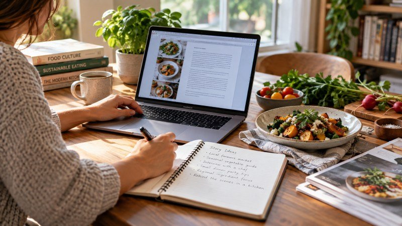 Food writer working on a portfolio with a laptop, notebook, and food on a desk