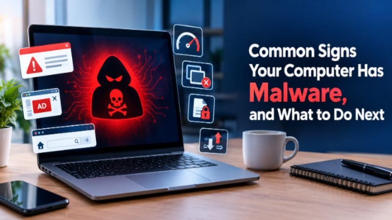 Computer showing common signs of malware including pop-ups and suspicious activity